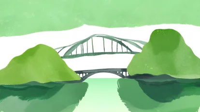 A watercolor illustration of two islands, connected by an arched bridge