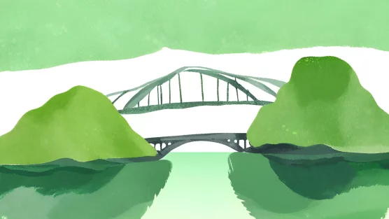 A watercolor illustration of two islands, connected by an arched bridge