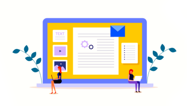 Illustration of a laptop and two women sitting in front of it