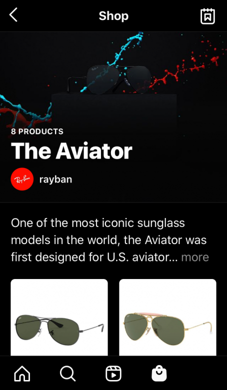 Instagram Shops example by Ray-ban